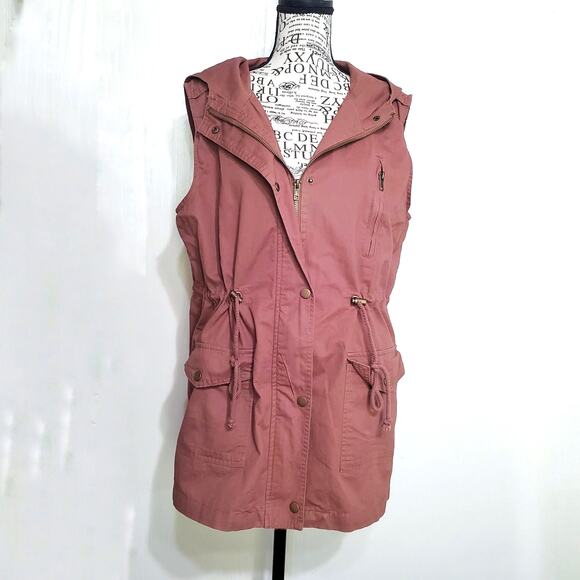 Zenana Brown Utility Vest Hood Cinched Waist Pockets Safari Layering Large - Picture 1 of 6